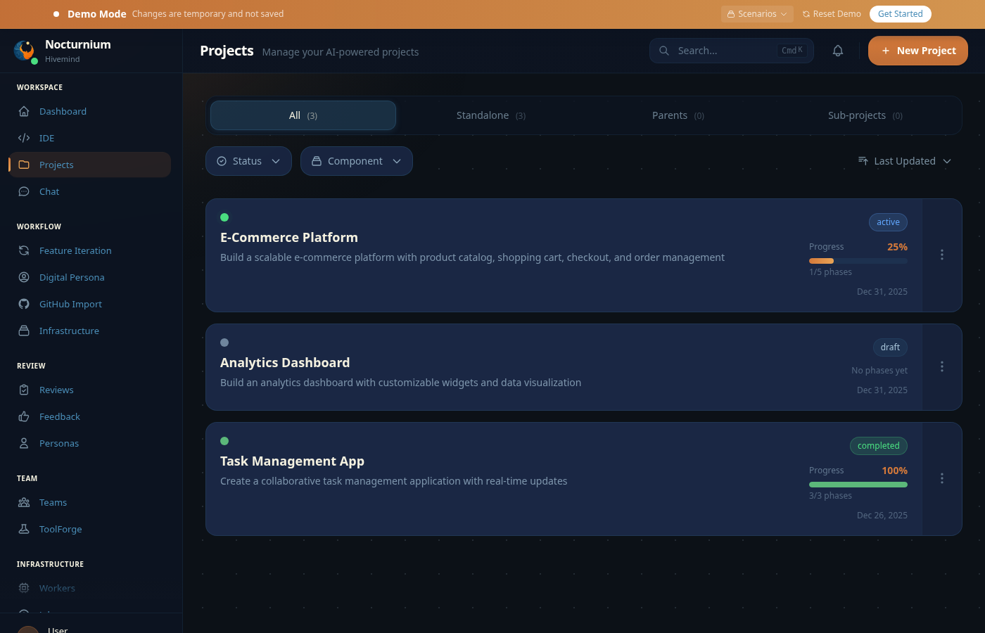 Completed projects with 100% progress - Task Management App ready to deploy