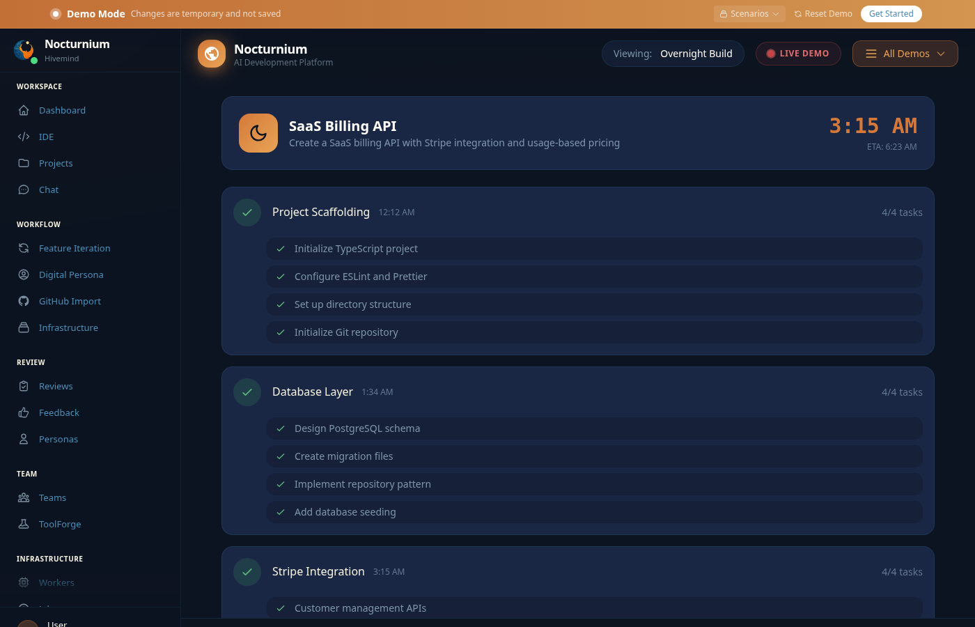 Nocturnium building a SaaS Billing API at 3:15 AM with Project Scaffolding and Database Layer phases completed